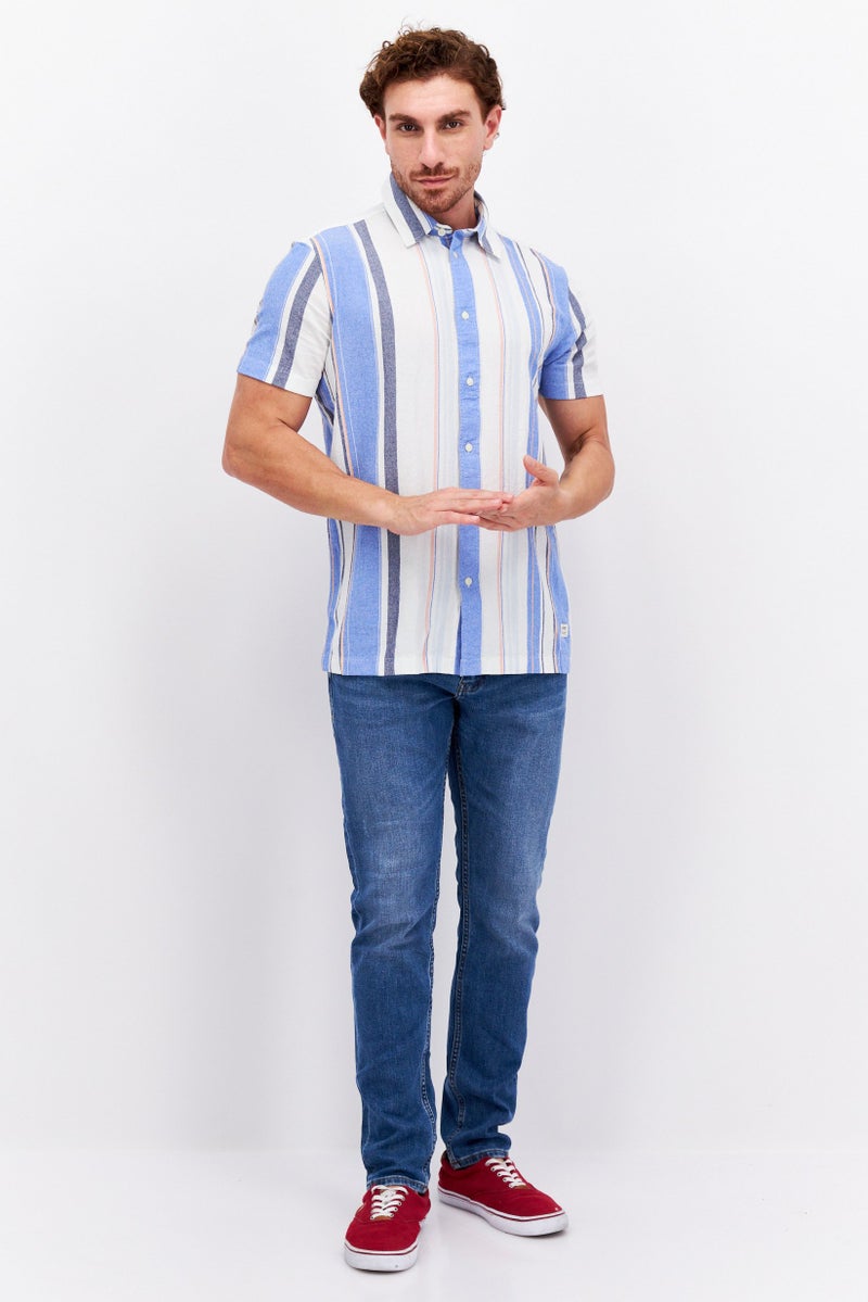 Men Regular Fit Stripe Short Sleeves Casual Shirt, Blue