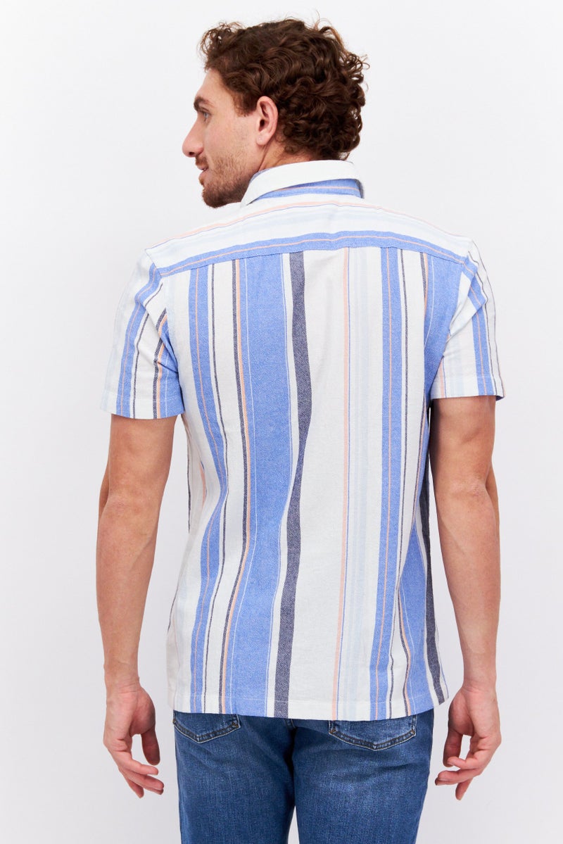 Men Regular Fit Stripe Short Sleeves Casual Shirt, Blue
