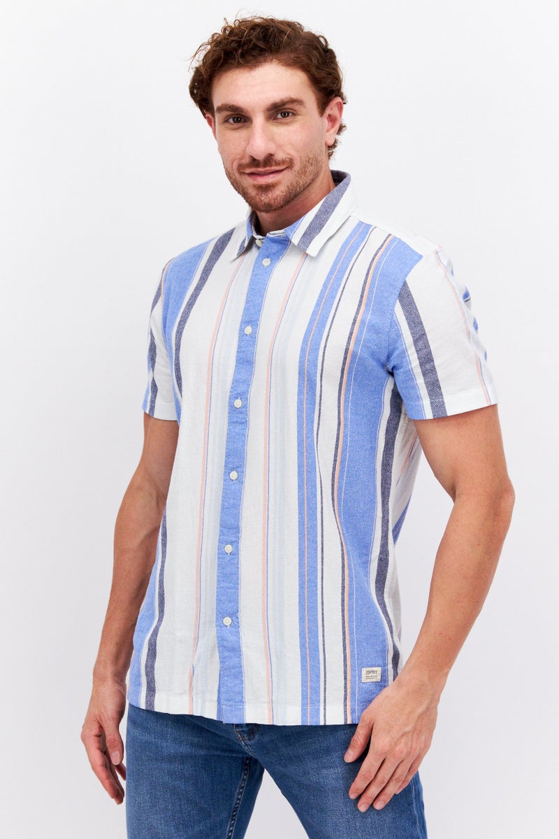 Men Regular Fit Stripe Short Sleeves Casual Shirt, Blue