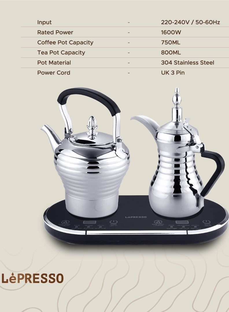 Electrical Arabic Coffee and Tea Maker with 750ml Coffee Machine Capacity and 800ml Tea Dallah Capacity / Stainless Steel / Over-heat Protection / Boils Water and Heats Milk - Silver