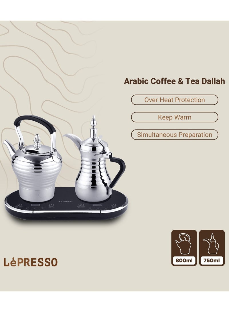 Electrical Arabic Coffee and Tea Maker with 750ml Coffee Machine Capacity and 800ml Tea Dallah Capacity / Stainless Steel / Over-heat Protection / Boils Water and Heats Milk - Silver