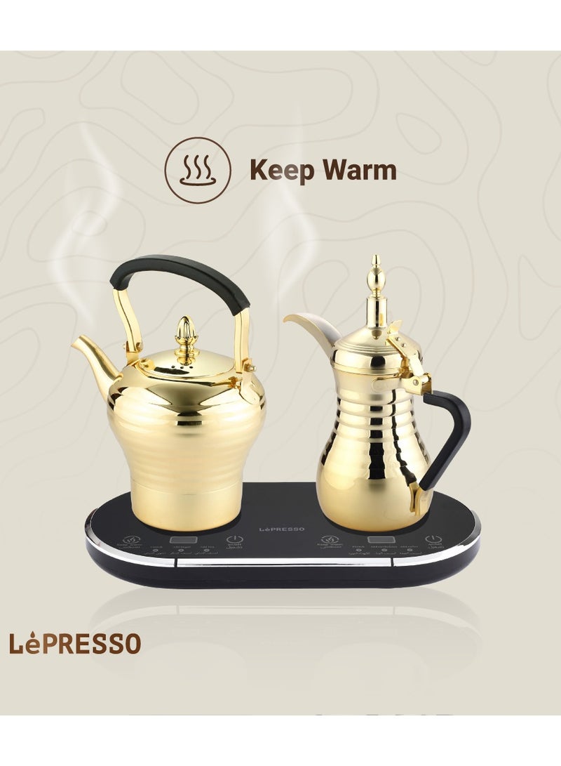 Electrical Arabic Coffee and Tea Maker with 750ml Coffee Machine Capacity and 800ml Tea Dallah Capacity / Stainless Steel / Over-heat Protection / Boils Water and Heats Milk - Gold