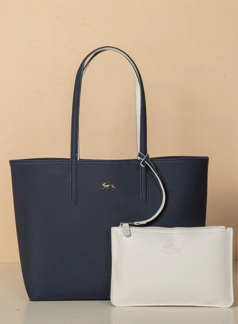 Lacoste Women's Anna Dark Blue and White Reversible Bicolour Tote Bag,Shopping Bag for Women