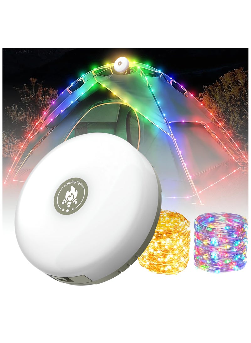 Camping String Lights, Rechargeable & Stowable Outdoor String Lights with 8 Lighting Mode, 32.8ft Portable and Waterproof LED Fairy String Lights for Camping Yard Hiking, Type-C Quick Storage