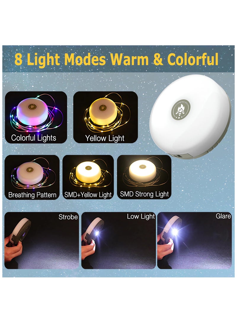 Camping String Lights, Rechargeable & Stowable Outdoor String Lights with 8 Lighting Mode, 32.8ft Portable and Waterproof LED Fairy String Lights for Camping Yard Hiking, Type-C Quick Storage
