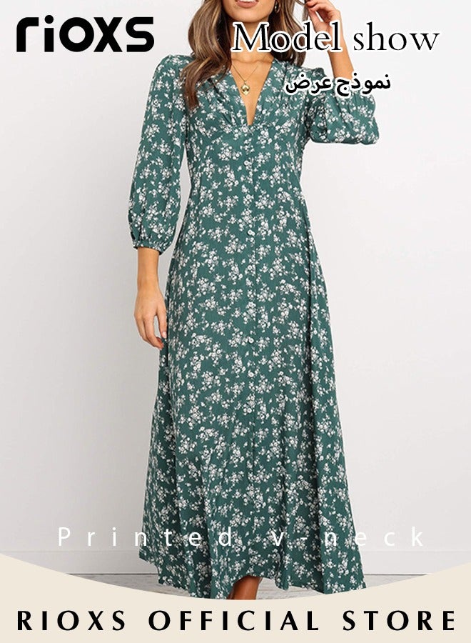 Women's V Neck Lantern Sleeve Chiffon Floral Long Dress Floral Printed A-Line Casual Button High Waist Summer Beach Dress