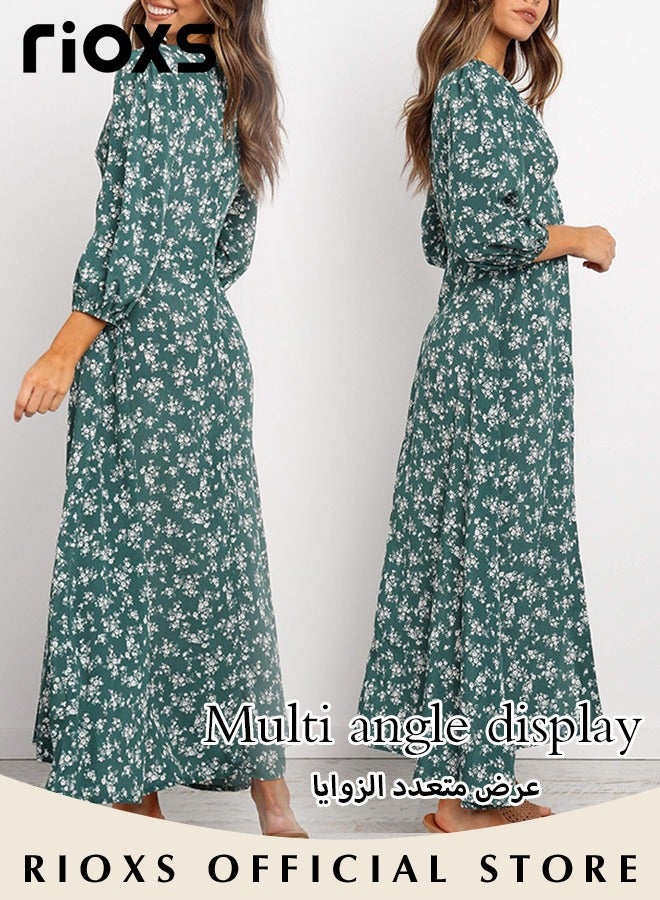 Women's V Neck Lantern Sleeve Chiffon Floral Long Dress Floral Printed A-Line Casual Button High Waist Summer Beach Dress