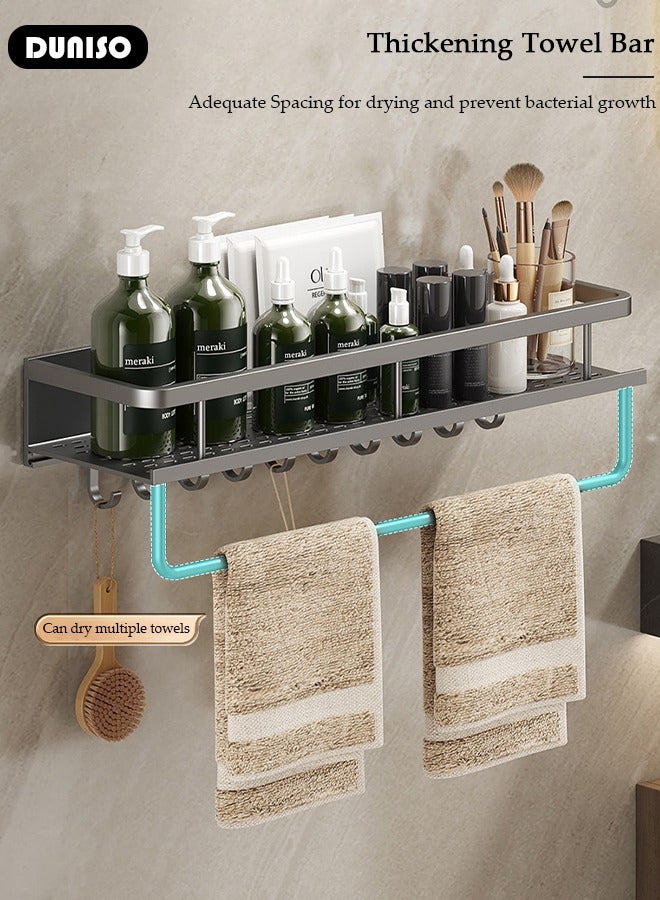 2PCS Bathroom Towel Shelf, 50cm Bathroom Shower Caddy Organizer Shelf Rack with Towel Bar, Wall Mounted Bathroom Storage Floating Shelves with  Hook, Adhesive Shelves for Bathroom Kitchen