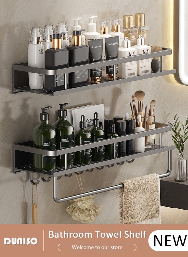 2PCS Bathroom Towel Shelf, 50cm Bathroom Shower Caddy Organizer Shelf Rack with Towel Bar, Wall Mounted Bathroom Storage Floating Shelves with  Hook, Adhesive Shelves for Bathroom Kitchen