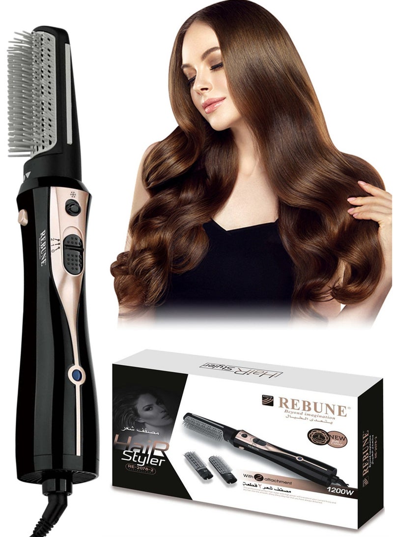 1200W Hair Dryer Brush Hot Air Styler 3 In 1 Electric Hair Styler Brush With 2 Attachment Black/Gold