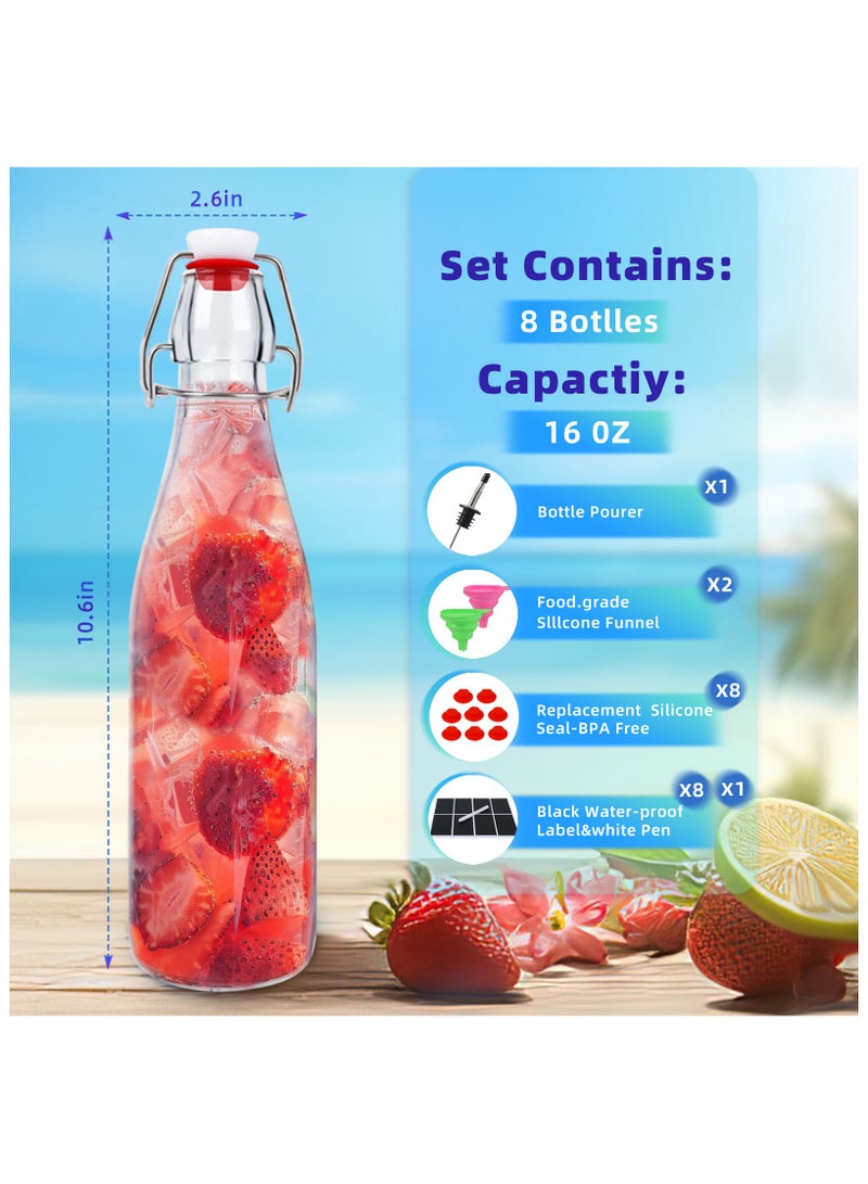 8 Pack 16 oz Swing Top Glass Bottles,Flip Top Brewing Bottle with Airtight Stopper Lids, for Juice, Water, Kombucha, Kefir Milk