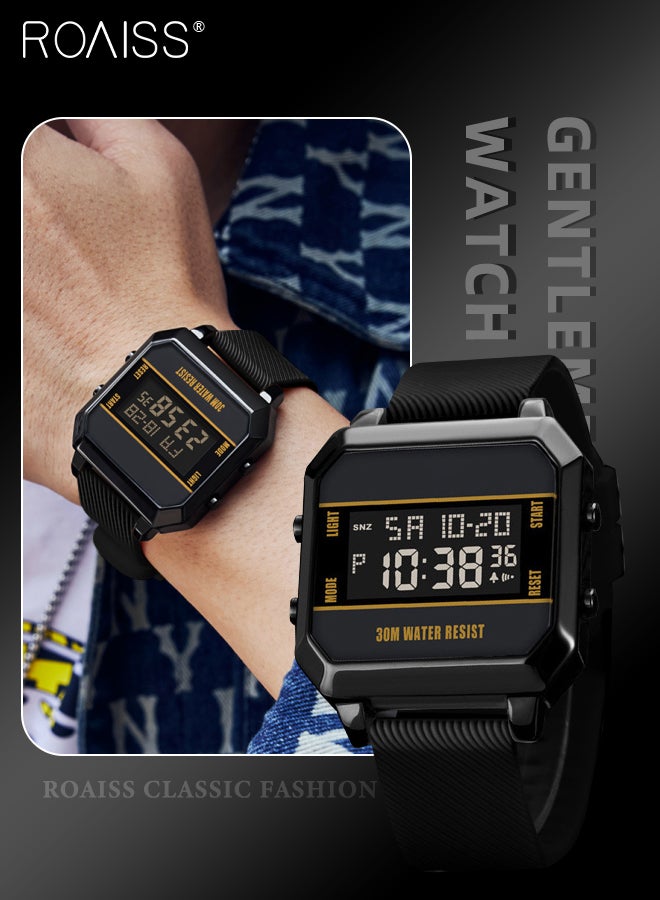 Men's Square Digital Sports Watch Multifunctional Waterproof Luminous Silicone Strap Electronic Quartz Wristwatch with Alarm Stopwatch 12H/24H, Black