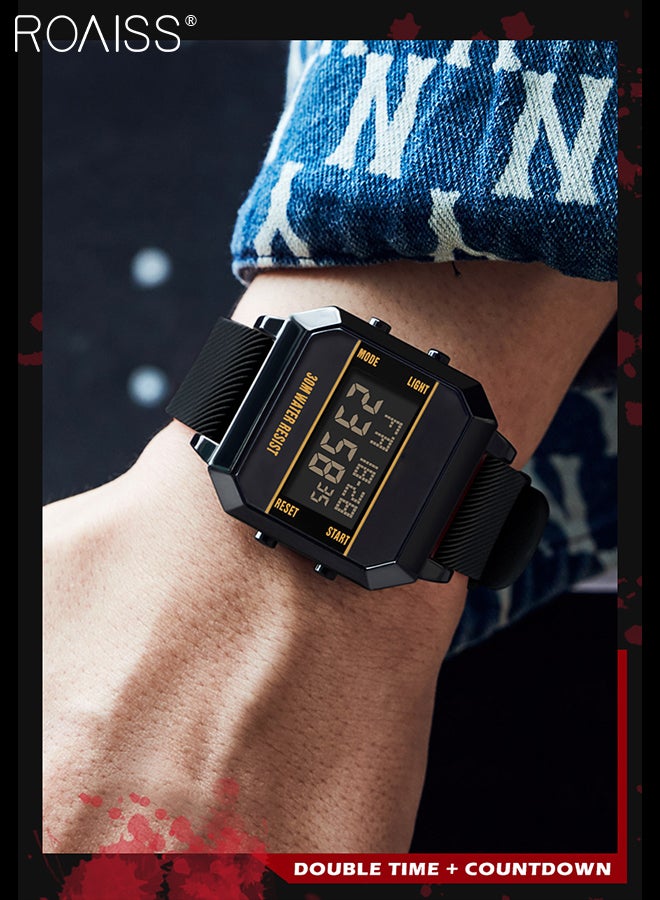 Men's Square Digital Sports Watch Multifunctional Waterproof Luminous Silicone Strap Electronic Quartz Wristwatch with Alarm Stopwatch 12H/24H, Black