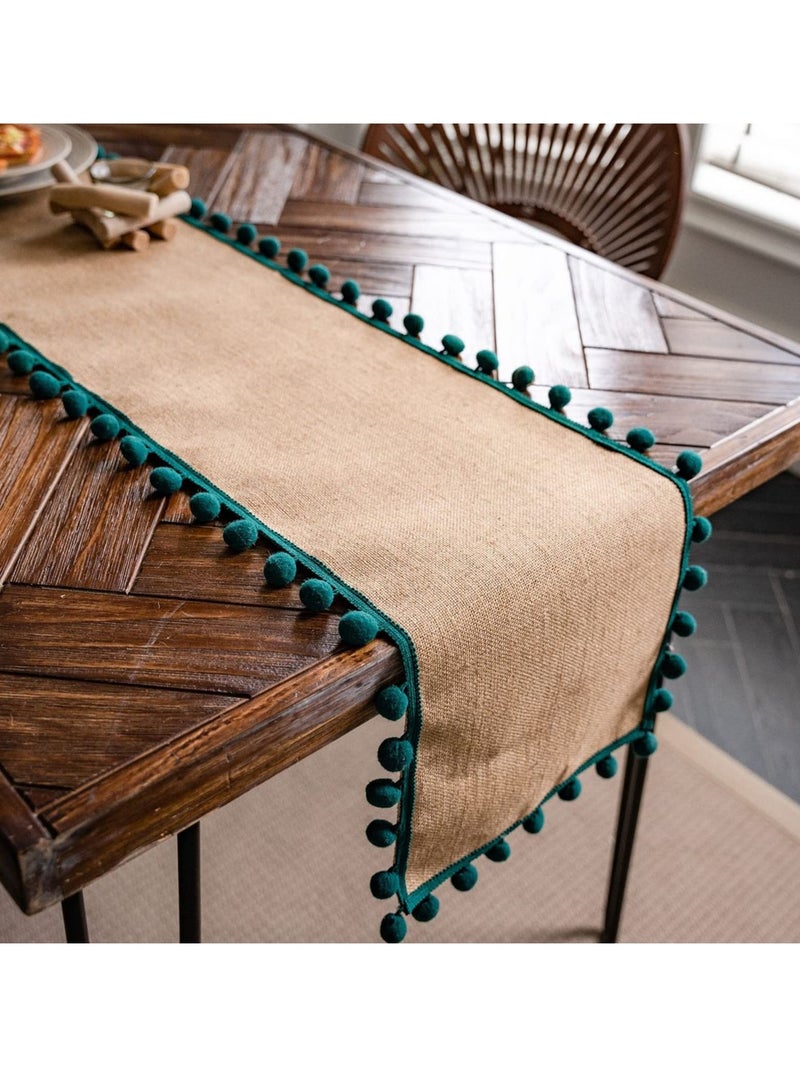 Jute Burlap Table Runner, Rustic Tablecloth with Ball Fringe for Home Praty Table Decoration (Green,30×180cm)