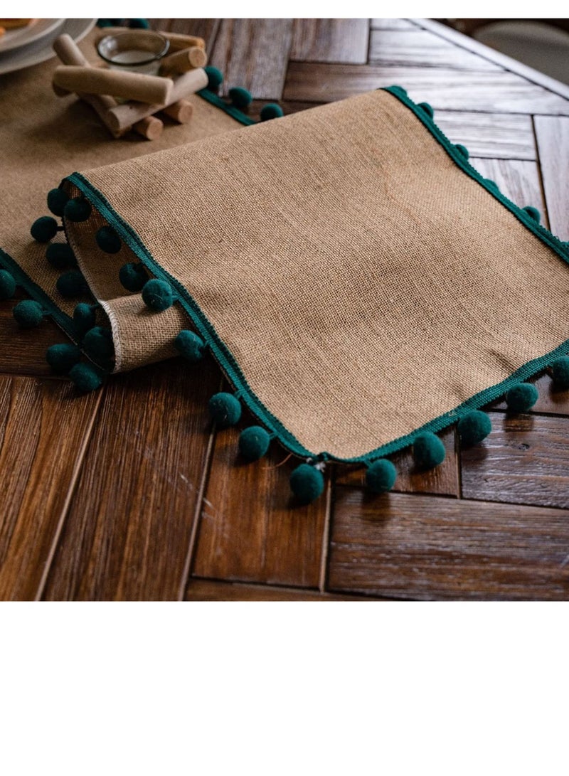 Jute Burlap Table Runner, Rustic Tablecloth with Ball Fringe for Home Praty Table Decoration (Green,30×180cm)