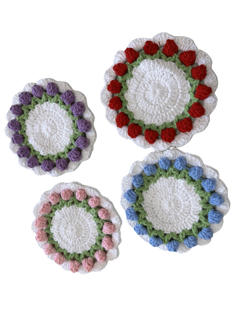 Handmade Knitted Goods Knitted Coasters Set 4 Round Coasters 4 Colors