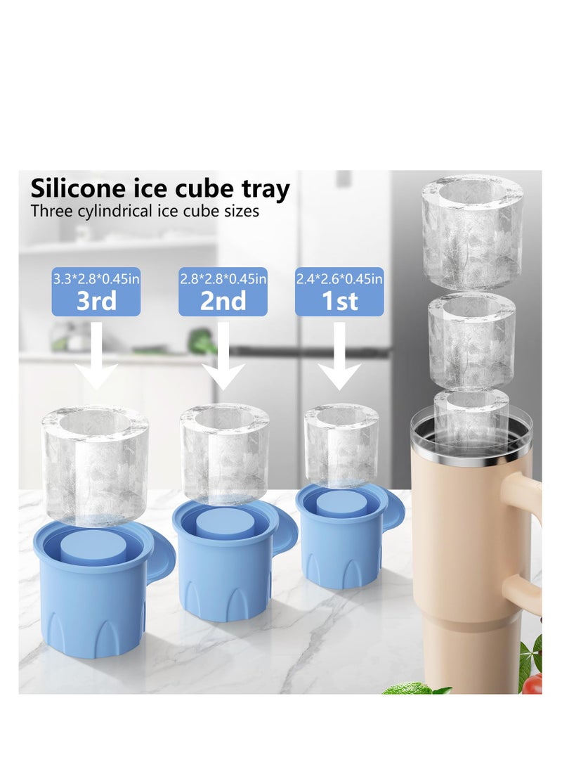 Ice Mold, Ice Cube Tray for Tumbler Cup, 3 Pcs Silicone Hollow Cylinder Ice Mold with Lid, Ice Mold for Stanley Cup for Chilling Cocktails, Whiskey, Ice Drink, Juice, Coffee(blue)