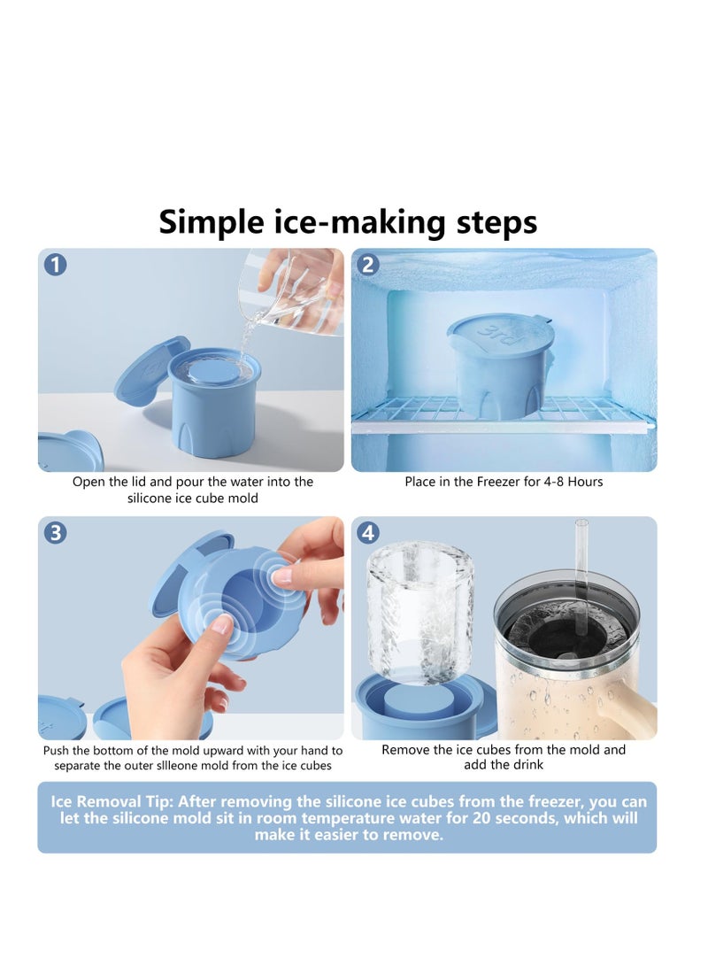 Ice Mold, Ice Cube Tray for Tumbler Cup, 3 Pcs Silicone Hollow Cylinder Ice Mold with Lid, Ice Mold for Stanley Cup for Chilling Cocktails, Whiskey, Ice Drink, Juice, Coffee(blue)