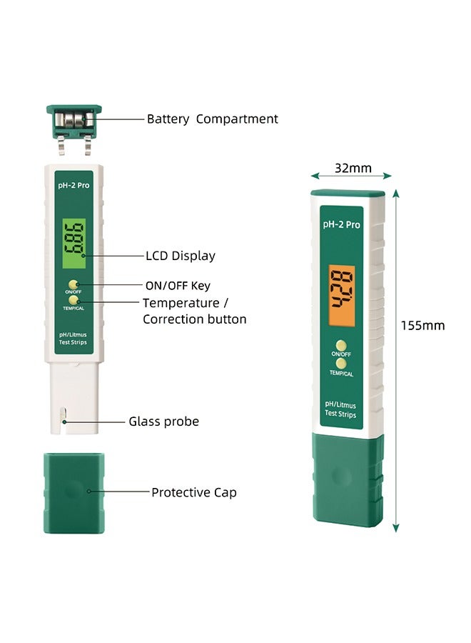 PH-2 Pro Water Quality Testing Pen with pH Test Strips and Thermometer