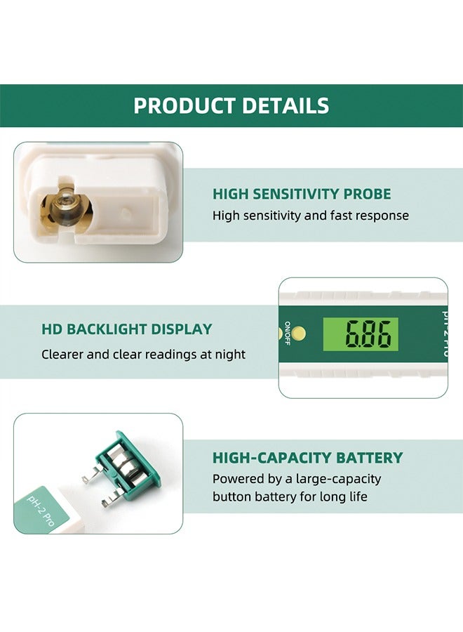 PH-2 Pro Water Quality Testing Pen with pH Test Strips and Thermometer