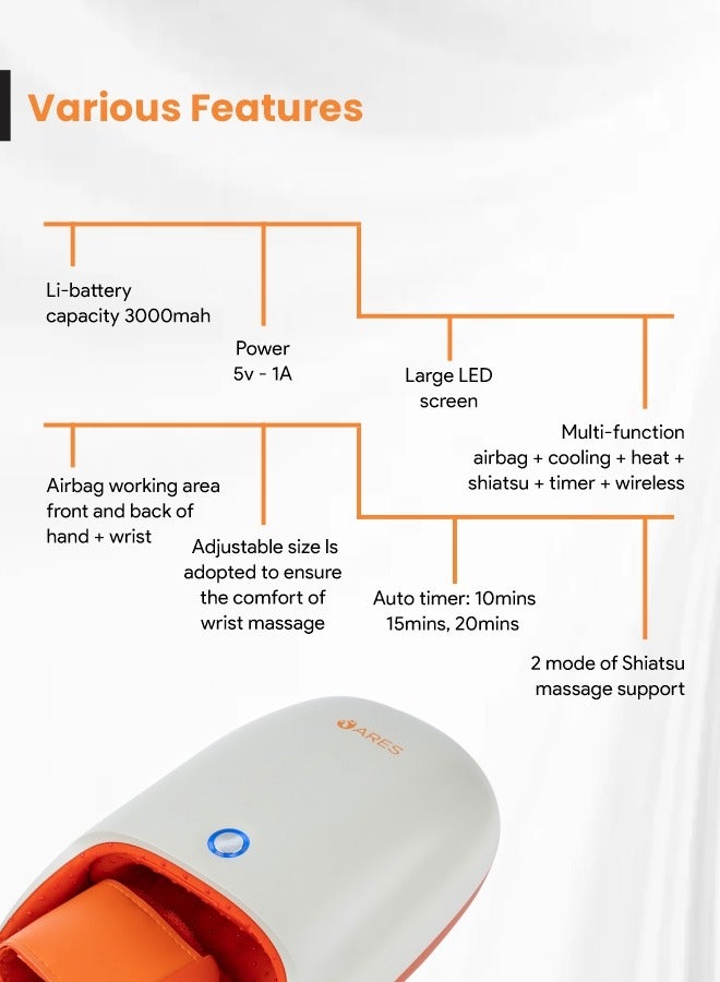 uPalm Wireless Hand Massager - 6 Airbag Massage Modes, 6 Intensity Levels, Cooling And Heating, Shiatsu Massage for Pain Relief