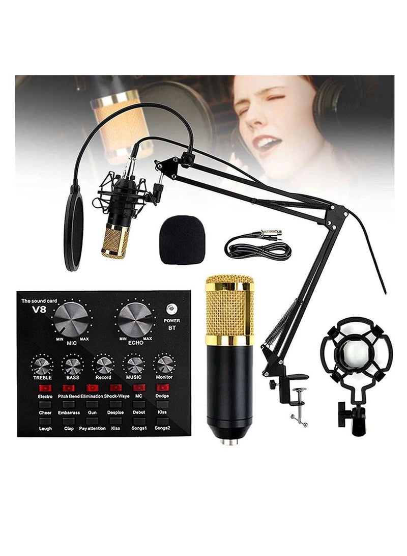 Microphone,Live Sound Card & BM800 Suspension Microphone Kit Broadcasting Recording Condenser Microphone Set Intelligent Volume Audio Mixer Sound Card for Computer PC Live Sound