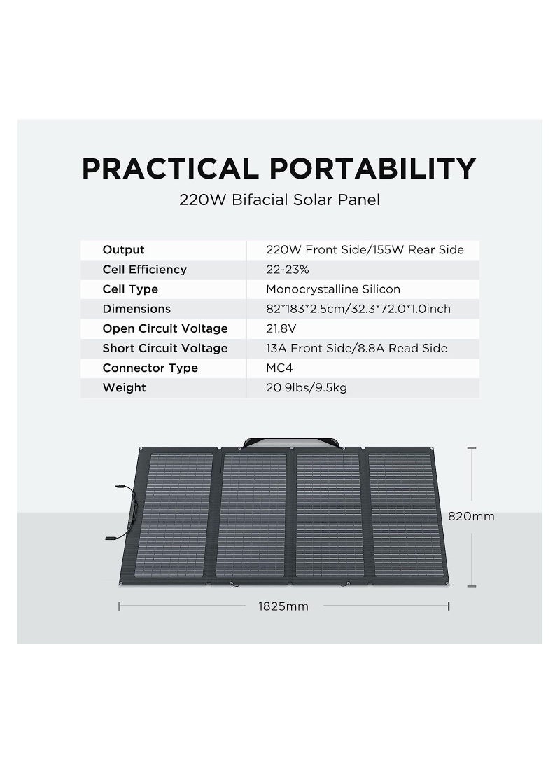 EF ECOFLOW 220Watt Bifacial Foldable Solar Panel, Complete with Adjustable Kickstand, Waterproof IP68 & Durable for Off The Grid Living