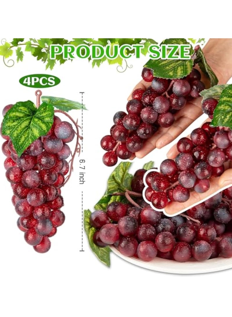 4 Bunches Artificial Red Grapes, Cute Artificial Fruit Ornament, Red Grapes Figurines, Fake Lifelike Fruit Plastic Simulation Grapes for Wedding Home Kitchen Party Decor Photography Prop