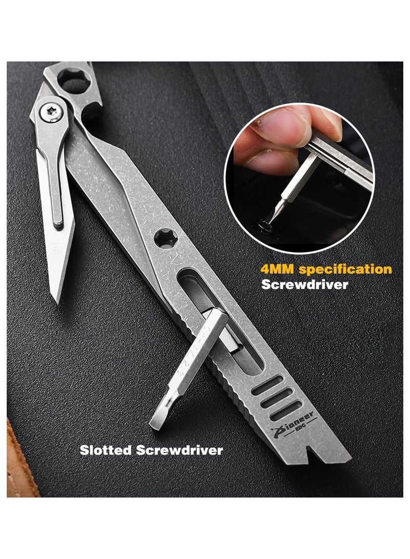 Titanium EDC Pry Bar Multitool - Pocket Keychain Tool with Bottle Opener, Box Cutter, Screwdriver, and Emergency Utility Knife for Outdoor Camping and Everyday Use.