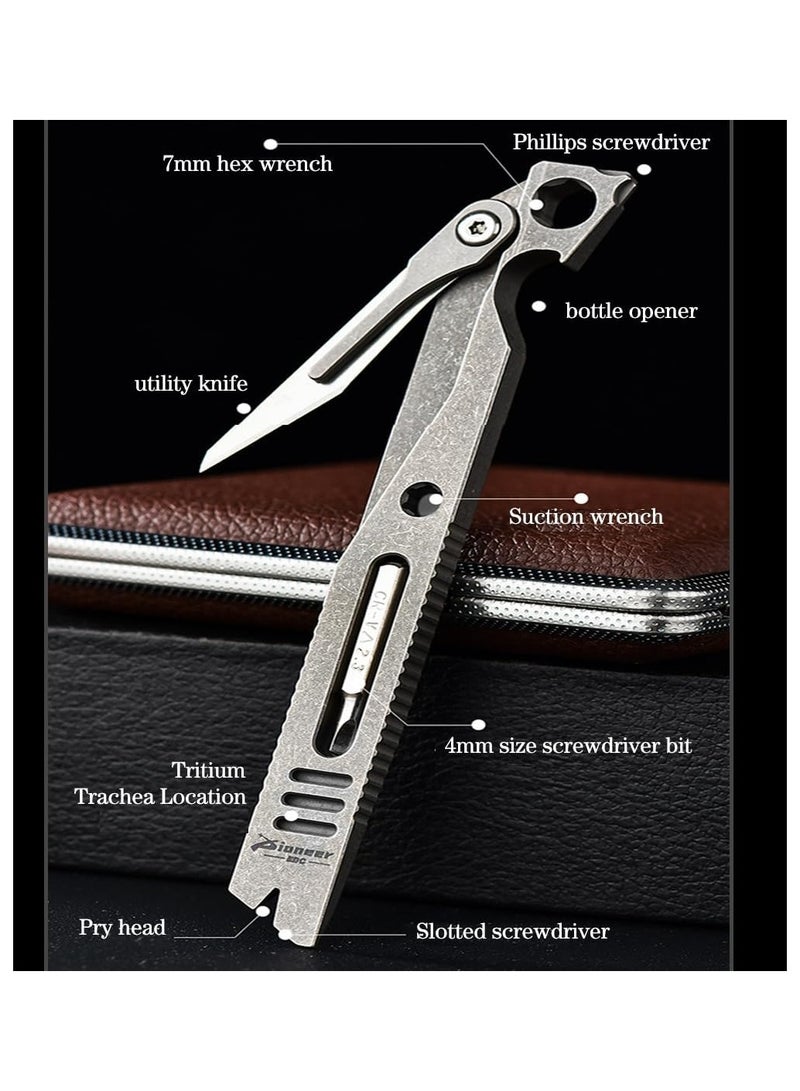 Titanium EDC Pry Bar Multitool - Pocket Keychain Tool with Bottle Opener, Box Cutter, Screwdriver, and Emergency Utility Knife for Outdoor Camping and Everyday Use.