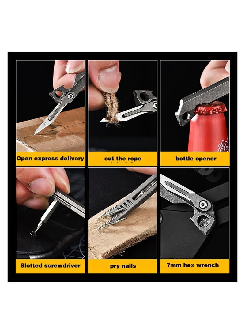 Titanium EDC Pry Bar Multitool - Pocket Keychain Tool with Bottle Opener, Box Cutter, Screwdriver, and Emergency Utility Knife for Outdoor Camping and Everyday Use.