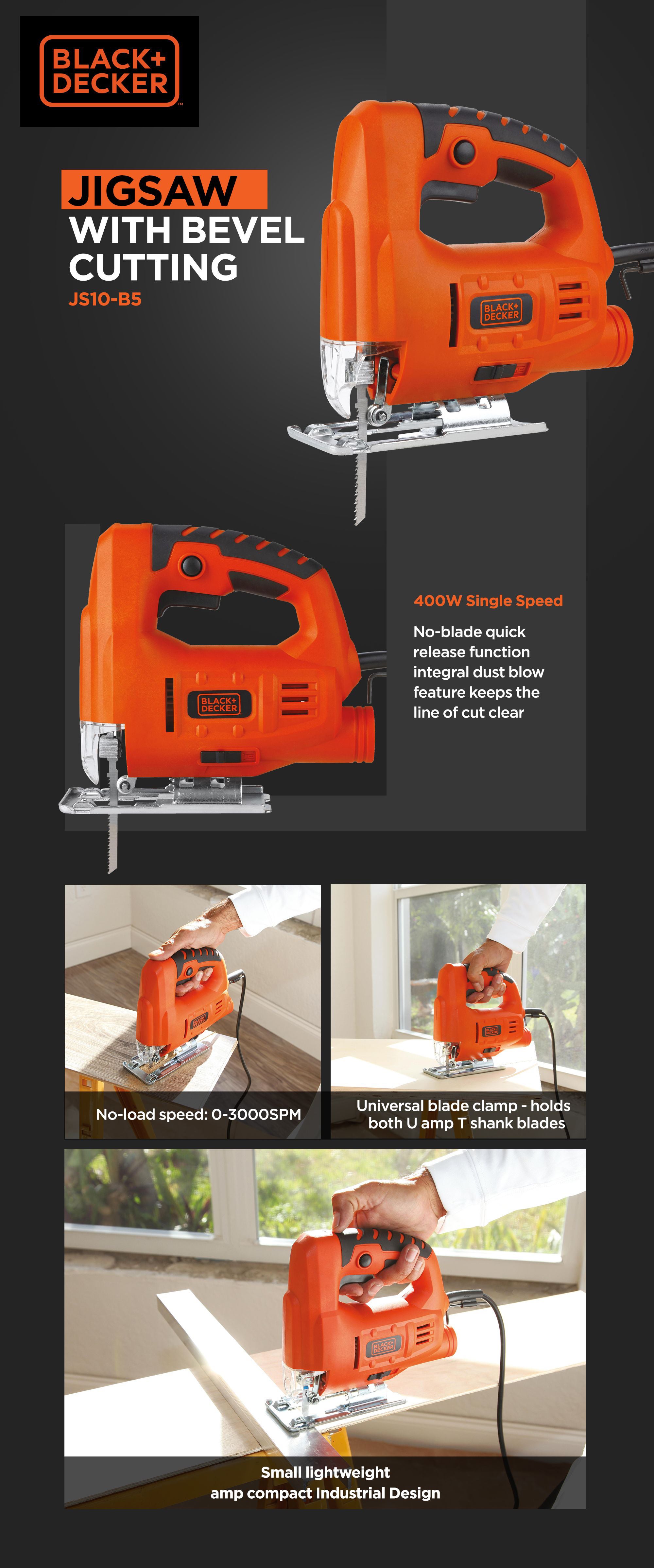 Compact Jigsaw, 400W, Variable Speed, Ergonomic Design, Lock-On Switch, Dust Extraction, 0-45° Bevel Cuts for Precise, Versatile Cutting, High Precision Cutting Orange/Black 27x21x7.5cm