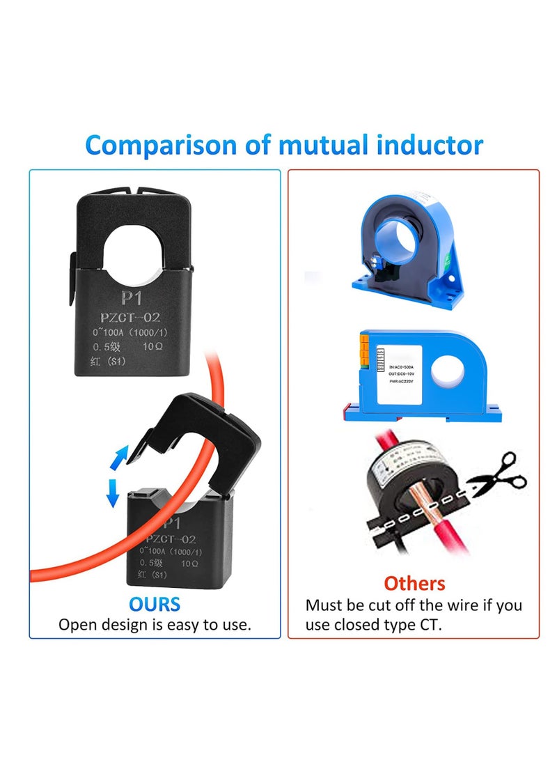 AC Power Meter with Color LCD Display, 100A Current Voltage Energy Monitor, Digital Ammeter Voltmeter with Split Core Transformer, 80-260V