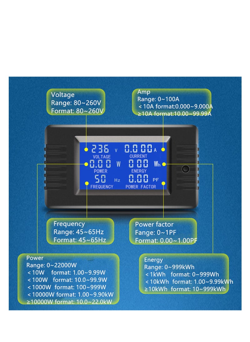 AC Power Meter with Color LCD Display, 100A Current Voltage Energy Monitor, Digital Ammeter Voltmeter with Split Core Transformer, 80-260V