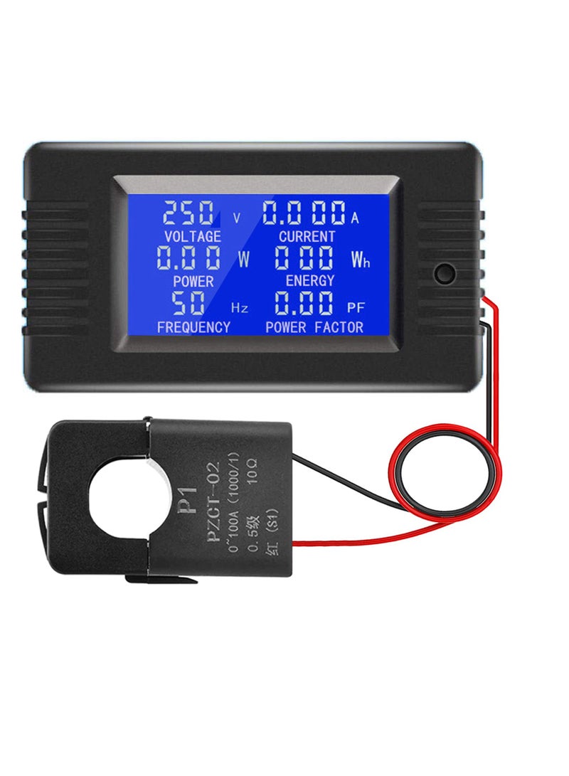 AC Power Meter with Color LCD Display, 100A Current Voltage Energy Monitor, Digital Ammeter Voltmeter with Split Core Transformer, 80-260V