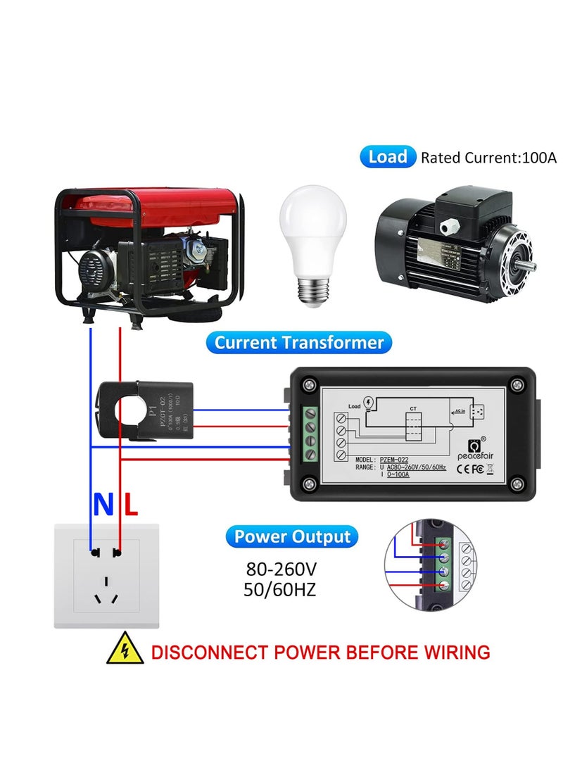 AC Power Meter with Color LCD Display, 100A Current Voltage Energy Monitor, Digital Ammeter Voltmeter with Split Core Transformer, 80-260V