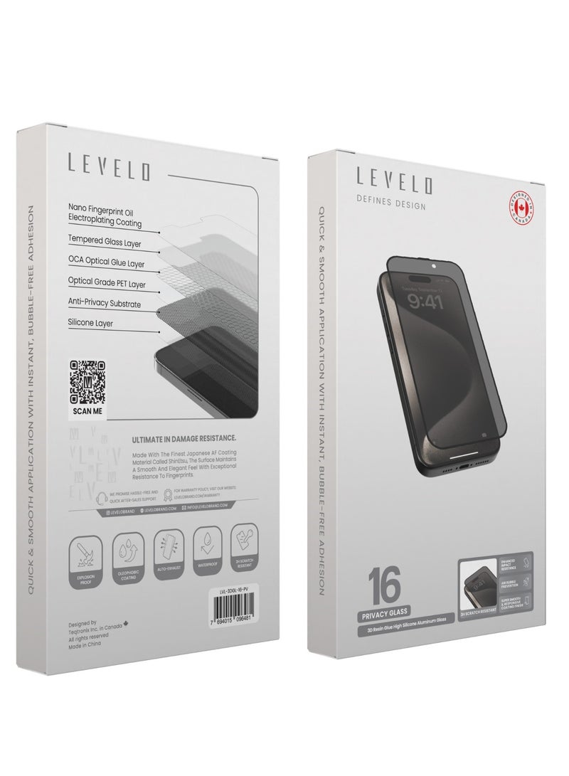 3D Privacy Screen Protector for iPhone 16 with Super Smooth & Responsive Coating Finish / Resin Glue / High Silicone Aluminum Glass - Privacy