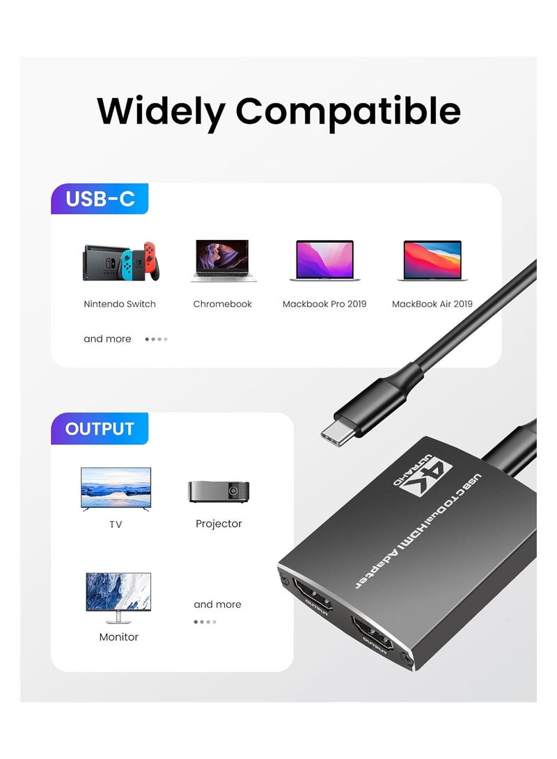 USB C To Dual Hdmi Adapter, 4k@60hz Type C To Hdmi Converter, with 3.5mm Audio Out + Max 100w Pd Charging Port, Support Extend Split Screens, Compatible with Laptops, Phone, Ipad, Pc(1 Pack)