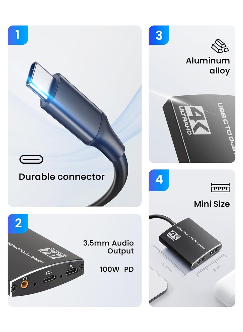 USB C To Dual Hdmi Adapter, 4k@60hz Type C To Hdmi Converter, with 3.5mm Audio Out + Max 100w Pd Charging Port, Support Extend Split Screens, Compatible with Laptops, Phone, Ipad, Pc(1 Pack)