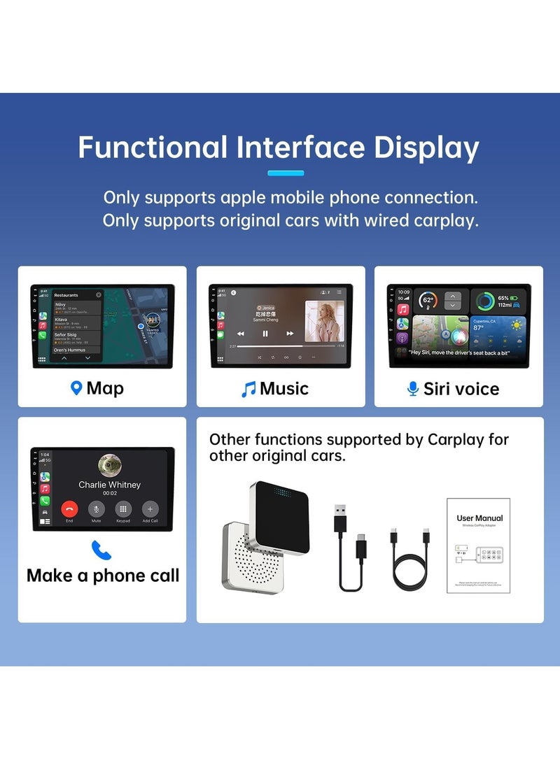 Wireless CarPlay Adapter, Convert Wired CarPlay for Wireless CarPlay, Fit for Factory Wired Carplay Cars from 2015 for iPhone iOS 10+, No Latency Plug Play Black