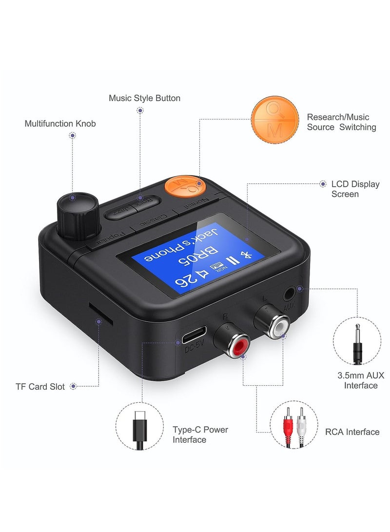 Bluetooth 5.2 Transmitter Receiver, HiFi Bluetooth Audio Adapter with Display, Wireless Audio Adapter for Music Streaming Sound System, Headphones, TV, Support TF Card/RCA/3.5mm AUX Output