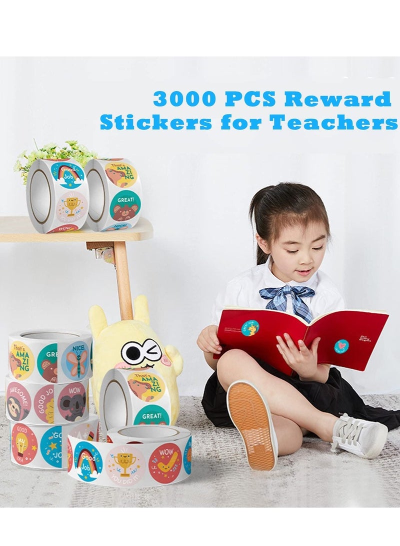 Teacher Reward Motivational Stickers, 3000 PCS Cartoon Animals Stickers Fun Stickers Reward Stickers for Teacher Encourage Student Round Reward Sticker for Kid (1 Inch, 6 Rolls, 500 Labels/Roll)