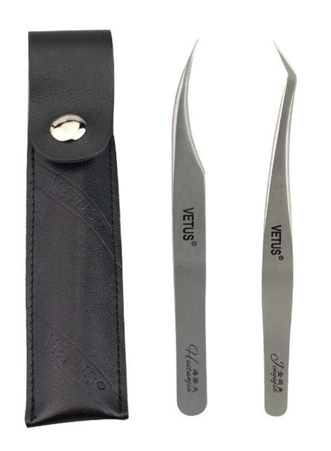 2-Piece Tweezer Set With Case Silver/Black