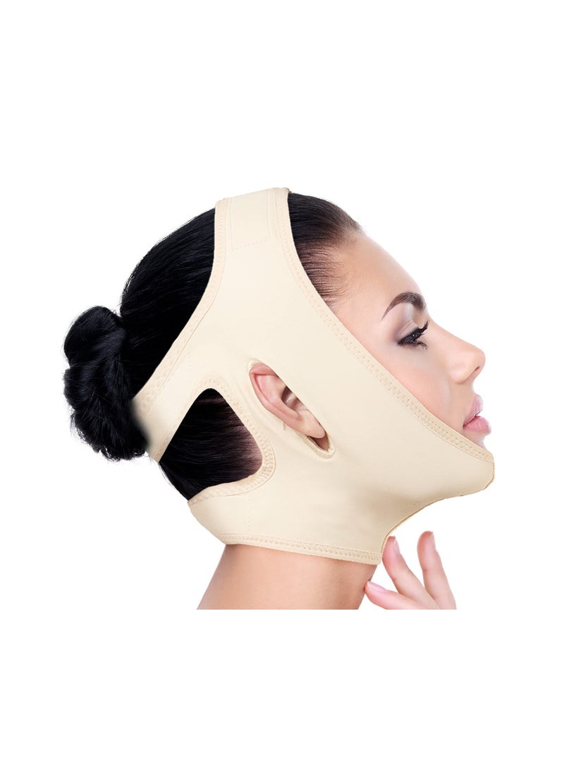 Neck Chin Compression Garment Strap Bandage, Face Slimmer, Double Chin Wrap (M, Beige)