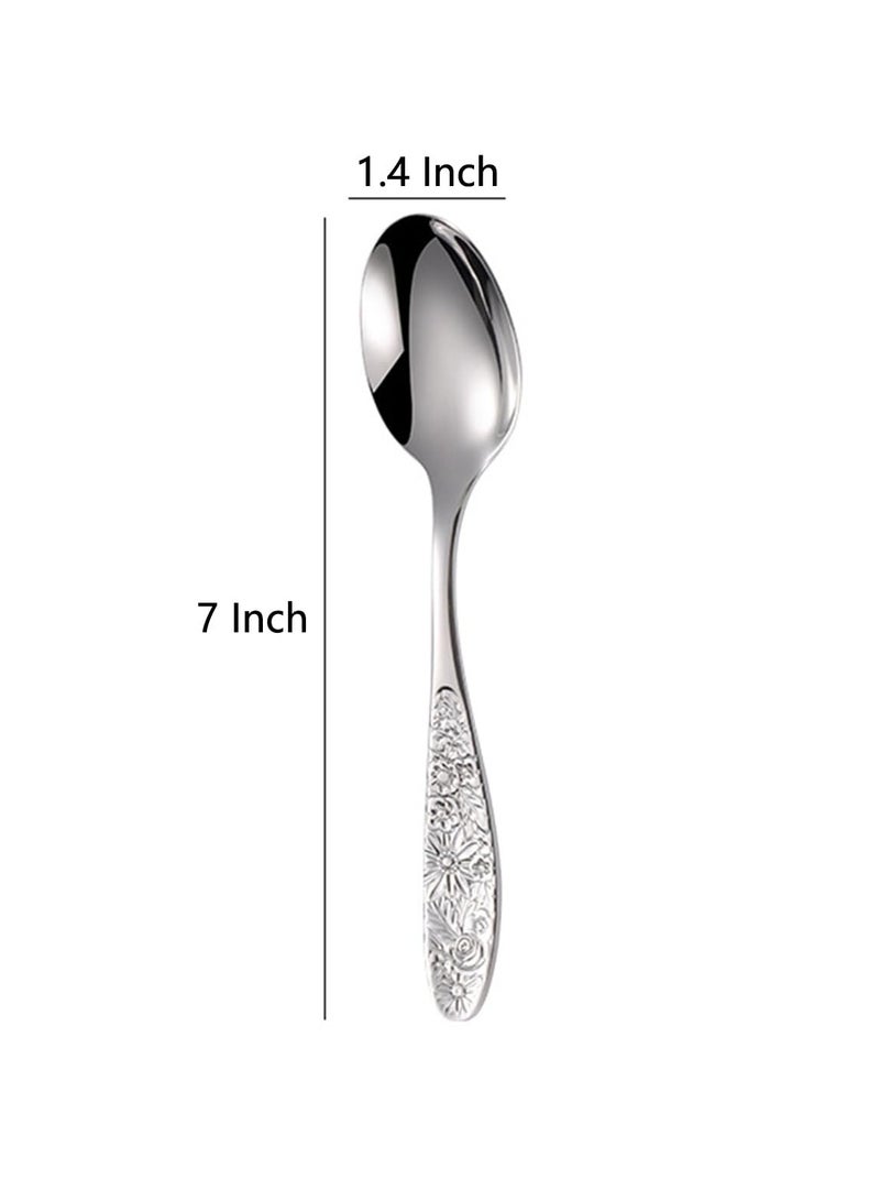 Hammered Pattern Stainless Steel Bouillon Spoon,Embossed Pattern Flatware,Hammered Surface Dessert Spoons,7 Inch,Set of 4