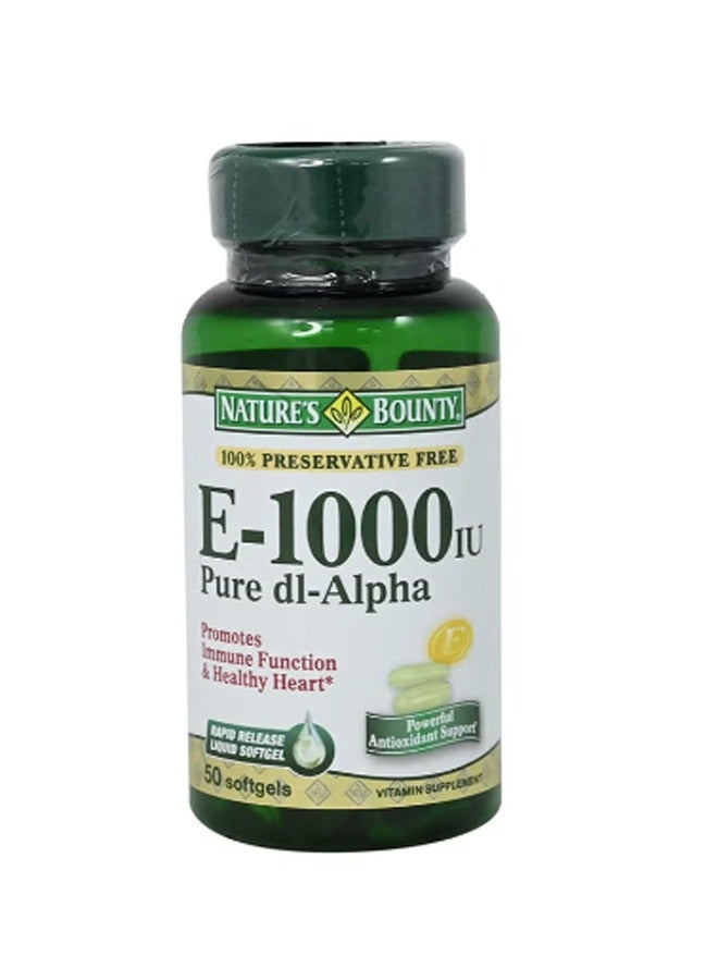 E-1000 IU Pure dl-Alpha Vitamin E - 50 Rapid Release Liquid Softgels for Immune Function & Heart Health