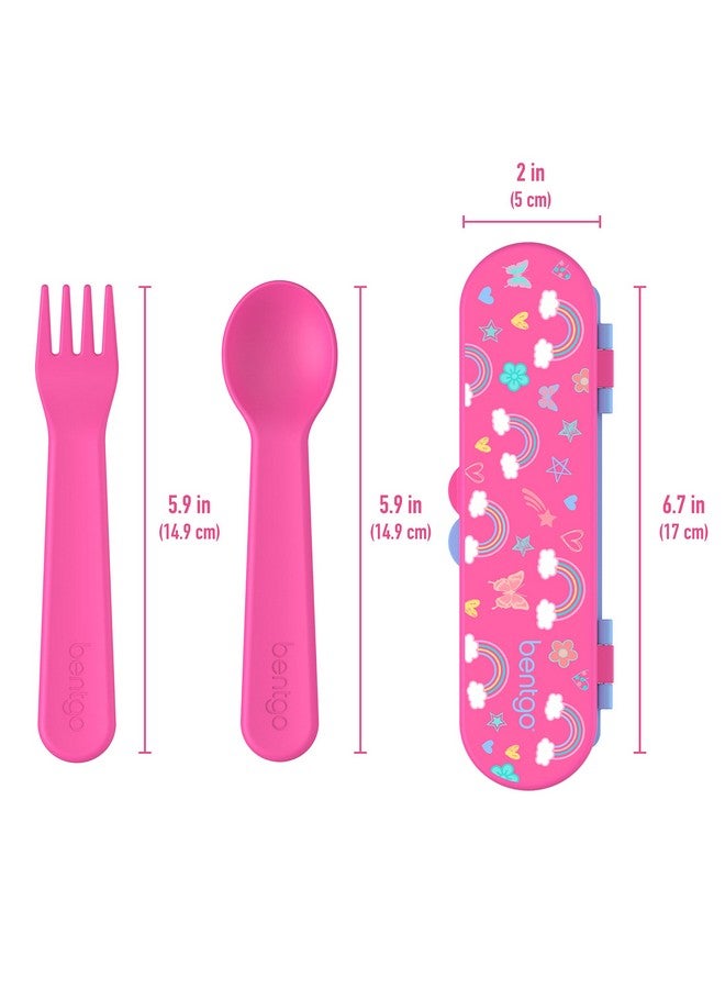 Kids Utensil Set Reusable Plastic Fork Spoon & Storage Case Bpafree Materials Easygrip Handles Dishwasher Safe Ideal For School Lunch Travel Outdoors (Rainbows And Butterflies)