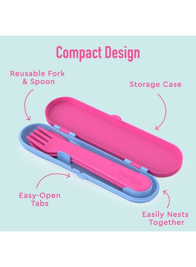 Kids Utensil Set Reusable Plastic Fork Spoon & Storage Case Bpafree Materials Easygrip Handles Dishwasher Safe Ideal For School Lunch Travel Outdoors (Rainbows And Butterflies)