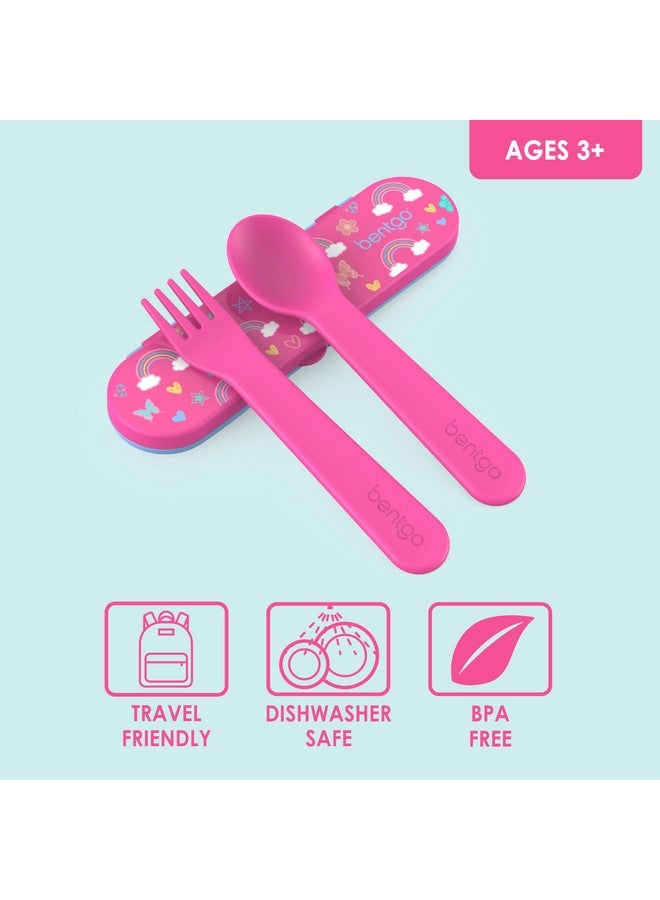 Kids Utensil Set Reusable Plastic Fork Spoon & Storage Case Bpafree Materials Easygrip Handles Dishwasher Safe Ideal For School Lunch Travel Outdoors (Rainbows And Butterflies)