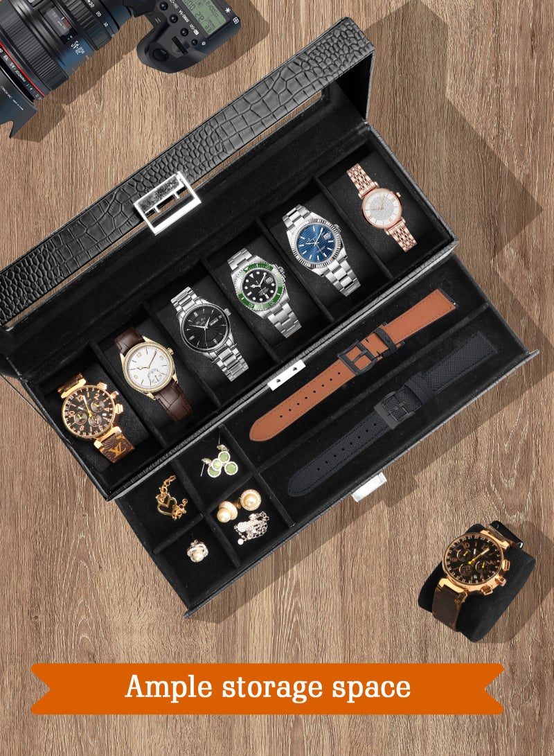 Watch Box for Men, 6 Slot Watch Display Case with Drawer, Mens Watch Case With Glass Lid, 2-Layer Jewelry and Watch Storage Watch Holder Organizer for Men Women -6 Slot, Black